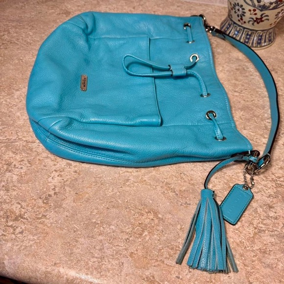 2014 Coach Legacy Drawstring Bucket Bag Turquoise Blue Leather Shoulder Purse main image 4
